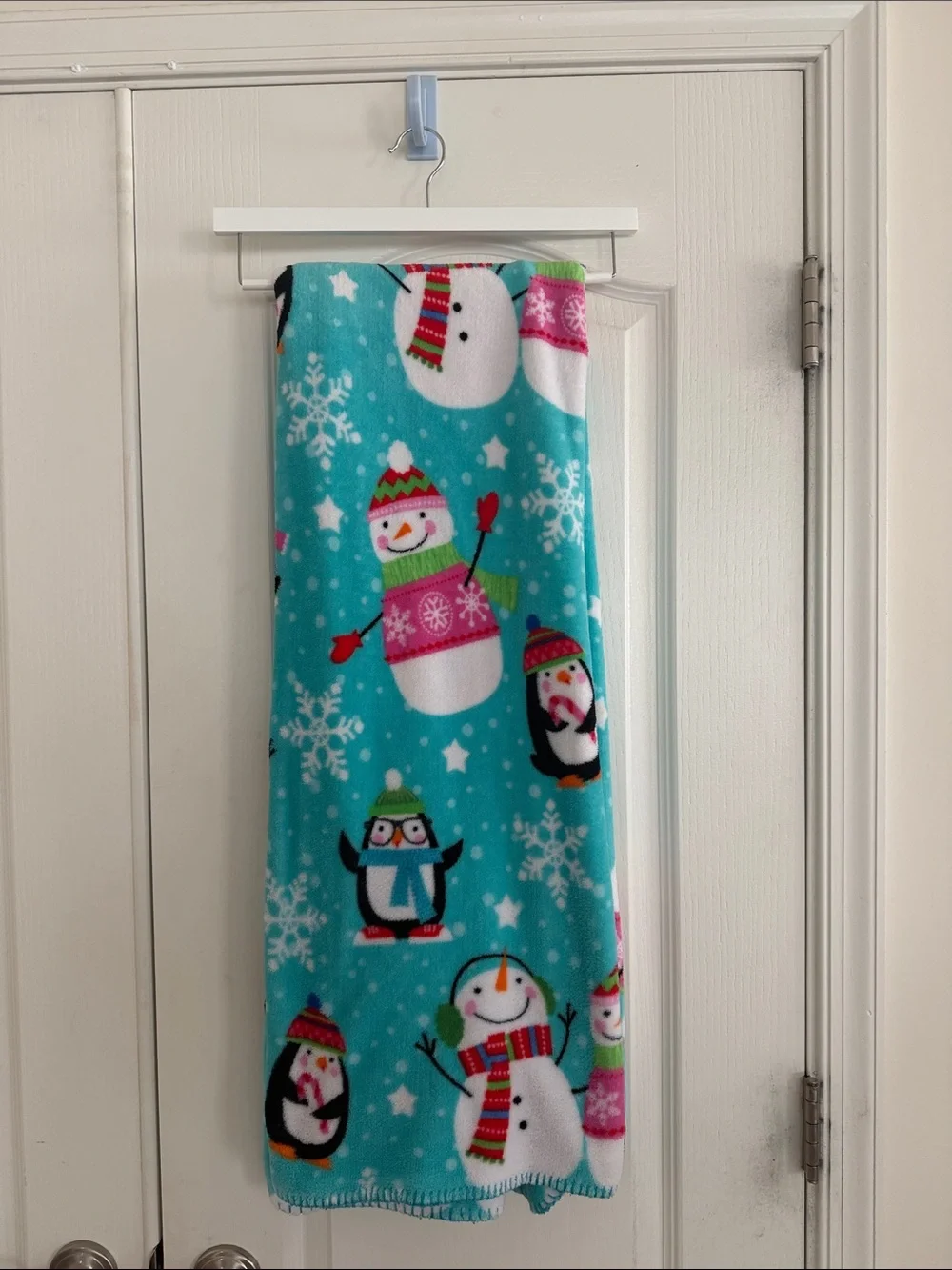 Turquoise Winter Snowman & Penguin Print Fabric